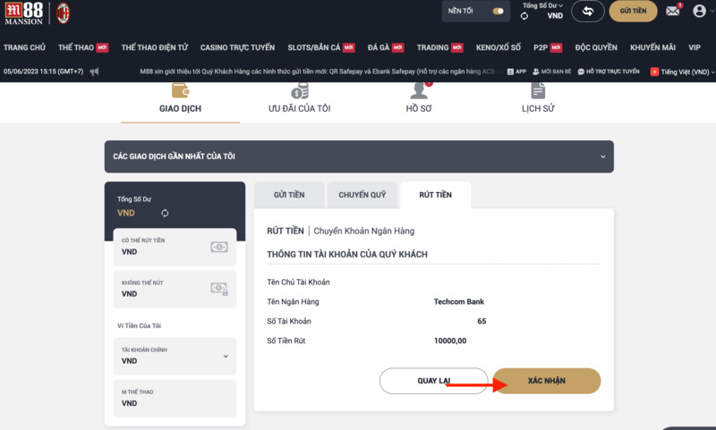 xác nhận rút tiền m88
