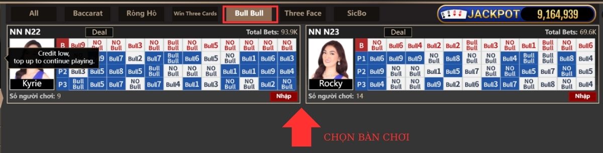 đi đến sảnh chơi và bàn chơi bull bull m88